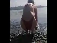 MATURE STEPMOM Show Me Naked Ass and Tits on the Beach - Vertical Video On Smartphone