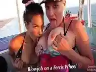 Must See! Risky Public Double Blowjob on a Ferris Wheel with Teen &amp_ MILF