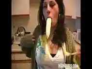NDNgirls.com | Native American Indian girl dared to suck a large banana ends up giving big black cock blowjob in the kitchen