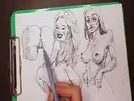 Porn artist at work, evening quick sketches of sexy girls with marker pen