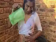 Pouring water on my white shirt to show off my dark desi nipple stands, playing with my boob, nipples