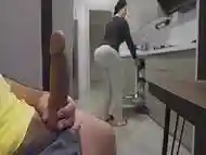 Stepmom caught me jerking off while watching her big ass in the Kitchen.