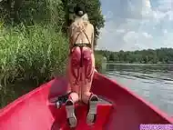 Stepsister celebrates 25k subs achivement by public riding dick of her stepbrother on boat on river outside