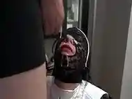 Sumisa hot wife receiving a hot cumshot while wearing a lace mask and nun custom