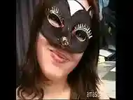 Sweet and smiley masked girl jerking off