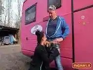 Trashy amateur babe eats dick in the van