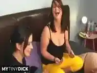 Two girls stroking a tiny dick