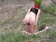 Voyeur spies on a girl with a big ass that masturbates outdoors. Organic masturbation with cucumber.