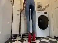 Wetting extremely Jeans and Red classic High Heels and play with Pee