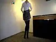 business bitch in leather skirt and overknees - blowjob and sex ends with cum on her slutty face, business-bitch