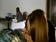 students is playing on the computer, her friend secretly gave a blowjob to her boyfriend