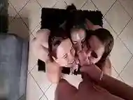 three sluts one man hand and blowjob orgy with facial