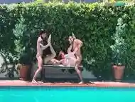 Amateur studs enjoy outdoor barebacking orgy on the pool