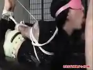 Asian whore blindfolded, gagged and used as a cum dumpster