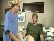 Blonde milf jerking dick at her nurses office