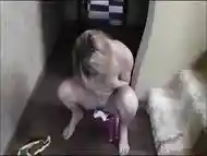 Blonde teen shitting in a baby toilet