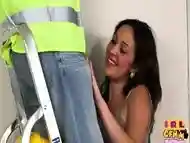 CFNM amateur teen on ladders sucks and jerks repairman dick