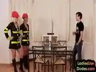 CFNM strapon firefighter babes fuck guy in pegging 3some