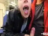 Finish Blowjob in the Train POV CUM SWALLOW then home fucking pussy creampie