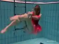 Firm big tits and red dress underwater on Duna Bultihalo