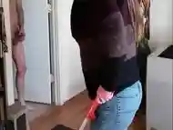 Flashing cock to bbw milf cleaning lady, cfnm jerking