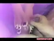 Hot footjob on cock and teasing with warm wet hairy pussy