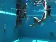 Jessica and Lindsay swim naked in the pool