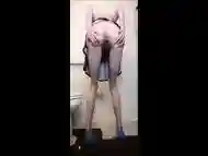 Skinny girl in high heels shitting on the floor