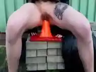 Slut Lucy fucks a traffic cone and a dildo in public