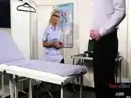 Voyeur CFNM nurse watching patient wanking cock on her